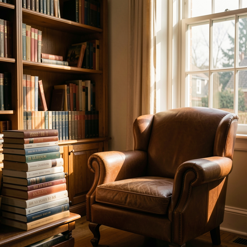 Quiet reading corner with a leather armchair beside a tall window, warm afternoon light falling on stacked reference books, evoking scholarly calm and editorial depth