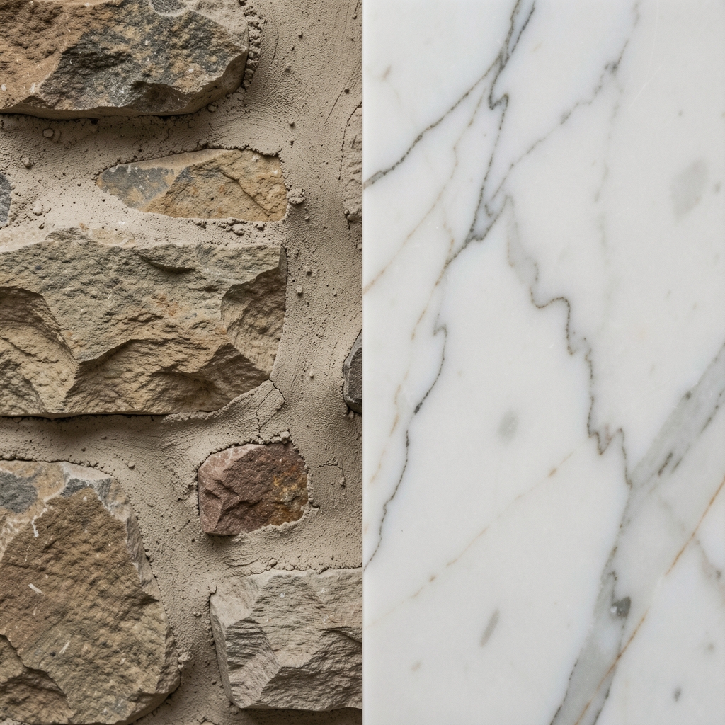Two contrasting textures side by side: rough unfinished stone on the left and smooth polished marble on the right, representing distinction between assumption and evidence